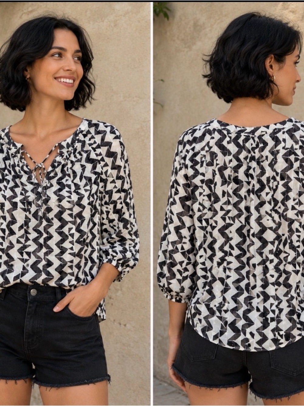 Lucky Brand long sleeve tie neck top